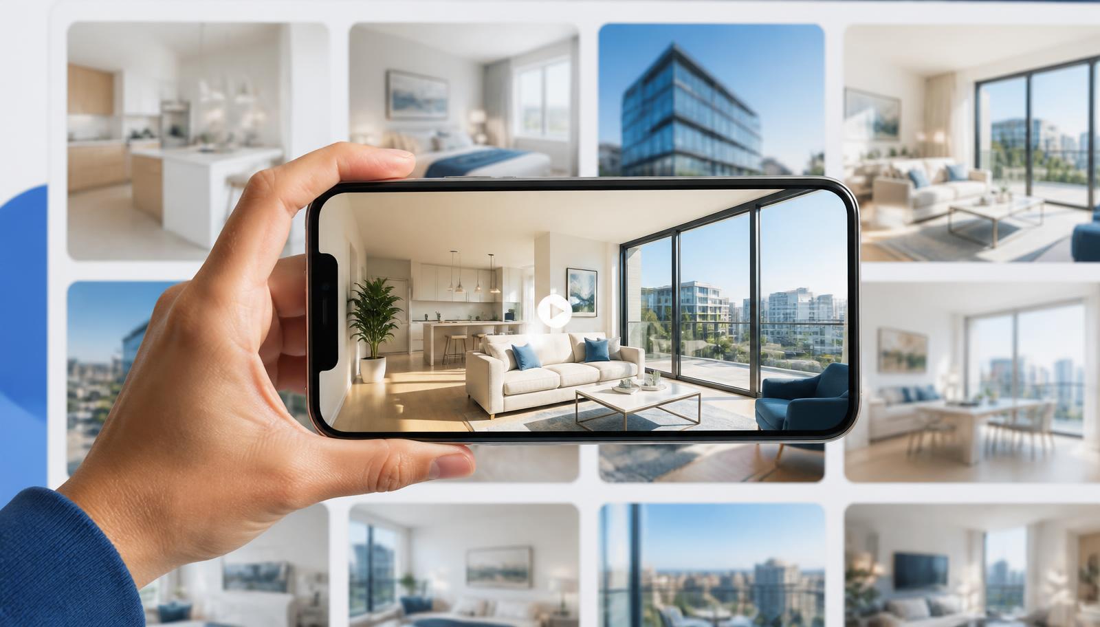 Vidéo d’annonce immobilière affichée sur un smartphone, entourée des photos de l’annonce